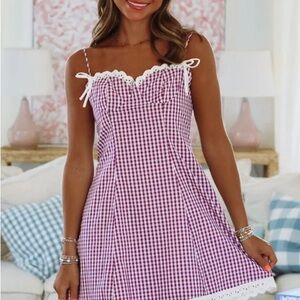 Pink Gingham Dress with Lace Trim